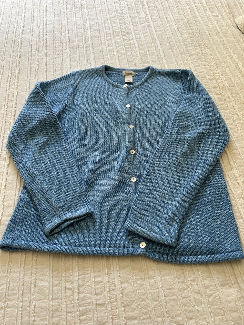 Really Pretty Heathered Blue LL bean Cardigan with Shell Buttons 100% Cotton